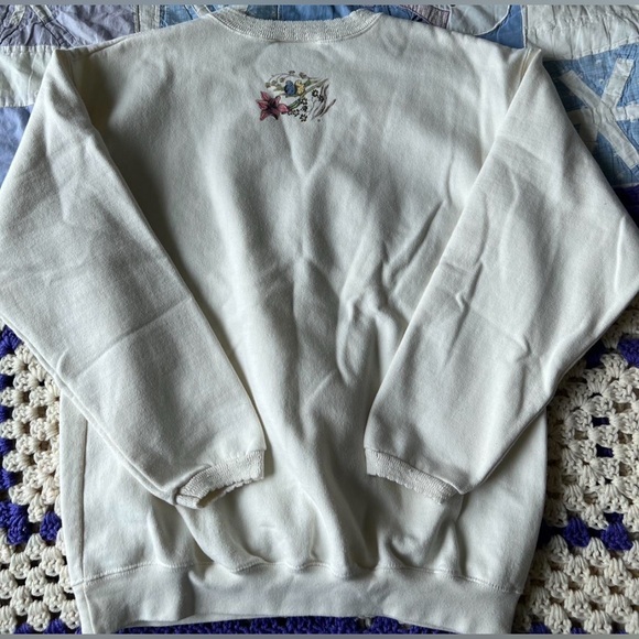 90s Northern Reflections Floral Lily Nature Bird Print Cream Knit Trim Sweater - Picture 8 of 8